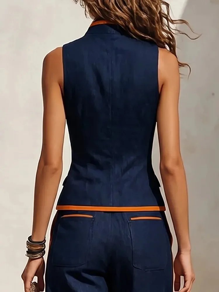 Victoria's Vogue Women's Contrast Trim Casual Office 2 Piece Set Sleeveless V-Neck Buttoned Vest Shirt & High Waisted Wide Leg Pants Suits