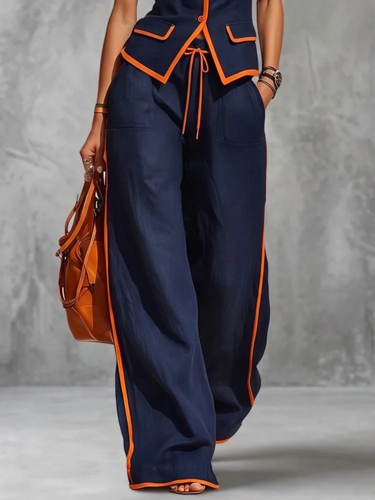 Victoria's Vogue Women's Contrast Trim Casual Office 2 Piece Set Sleeveless V-Neck Buttoned Vest Shirt & High Waisted Wide Leg Pants Suits