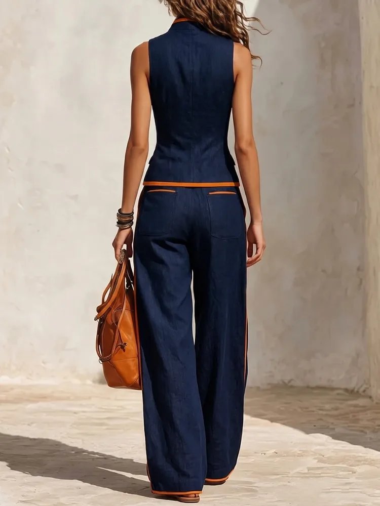 Victoria's Vogue Women's Contrast Trim Casual Office 2 Piece Set Sleeveless V-Neck Buttoned Vest Shirt & High Waisted Wide Leg Pants Suits
