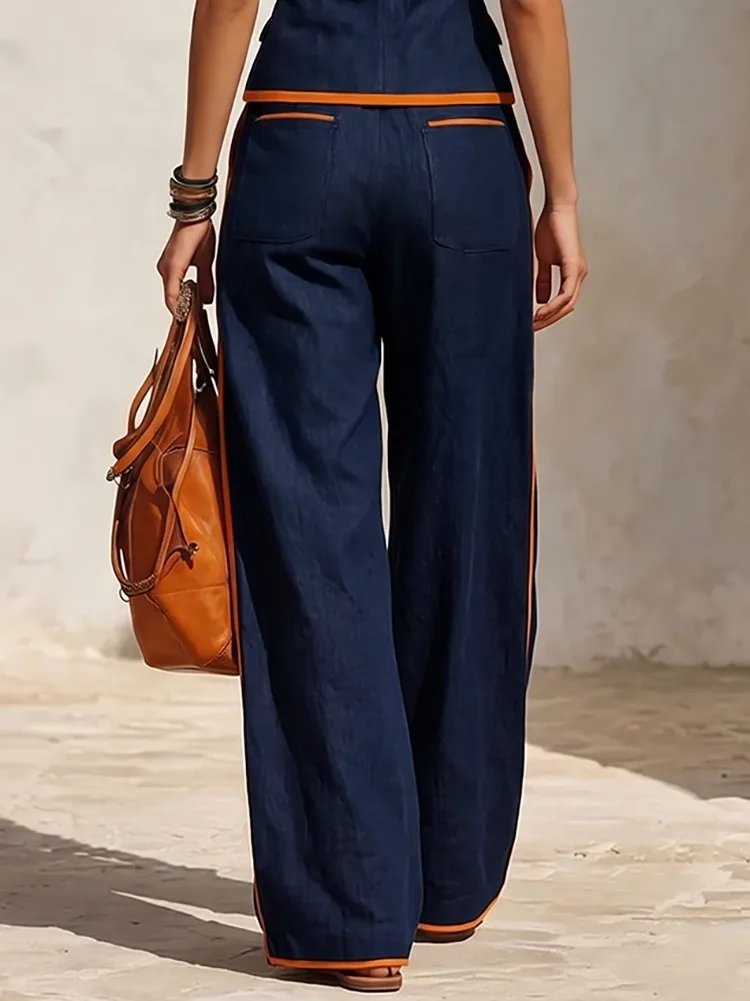 Victoria's Vogue Women's Contrast Trim Casual Office 2 Piece Set Sleeveless V-Neck Buttoned Vest Shirt & High Waisted Wide Leg Pants Suits