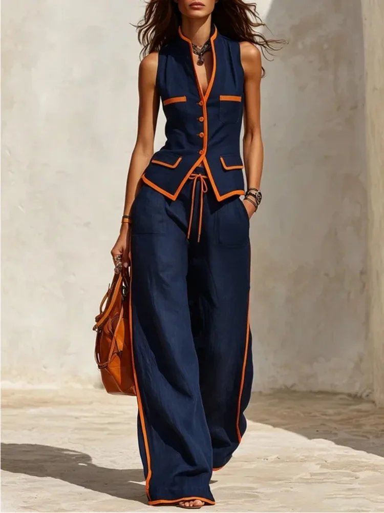 Victoria's Vogue Women's Contrast Trim Casual Office 2 Piece Set Sleeveless V-Neck Buttoned Vest Shirt & High Waisted Wide Leg Pants Suits