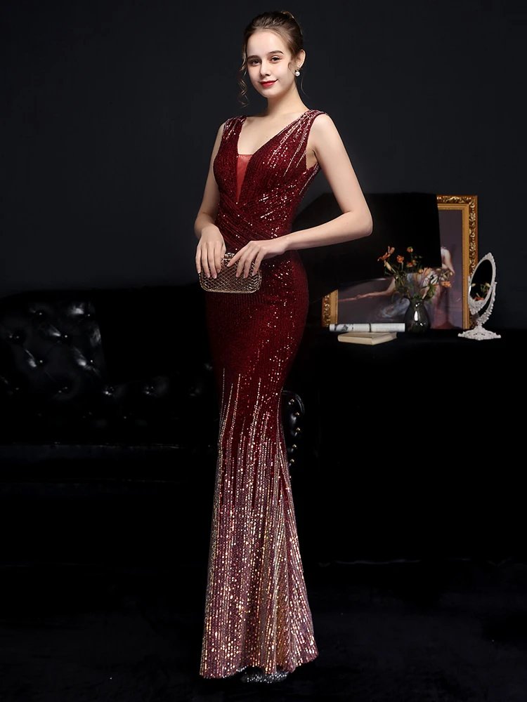 Victoria's Vogue V Neck Gold Sequin Evening Dress Women Elegant Party Maxi Dress Long Prom Dress 18589