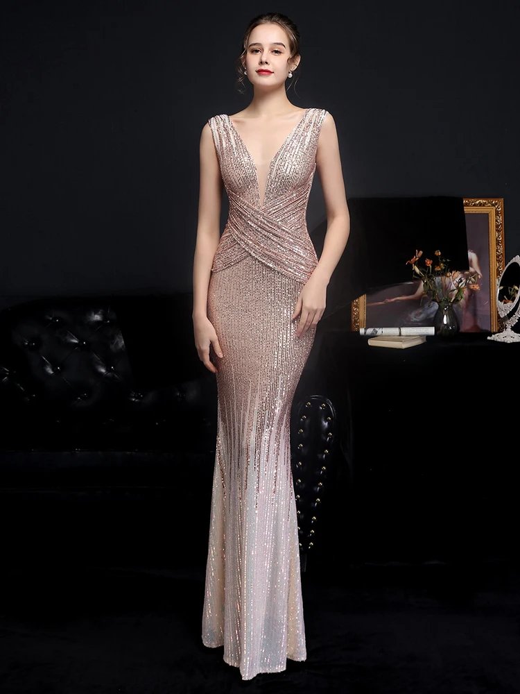 Victoria's Vogue V Neck Gold Sequin Evening Dress Women Elegant Party Maxi Dress Long Prom Dress 18589