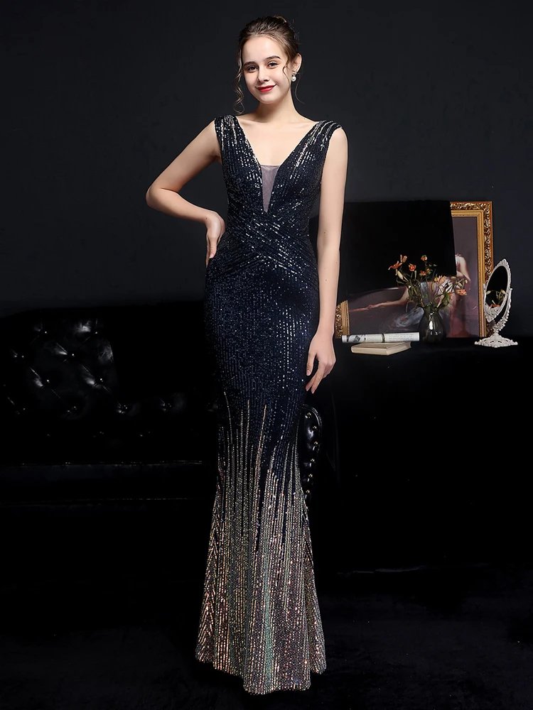 Victoria's Vogue V Neck Gold Sequin Evening Dress Women Elegant Party Maxi Dress Long Prom Dress 18589