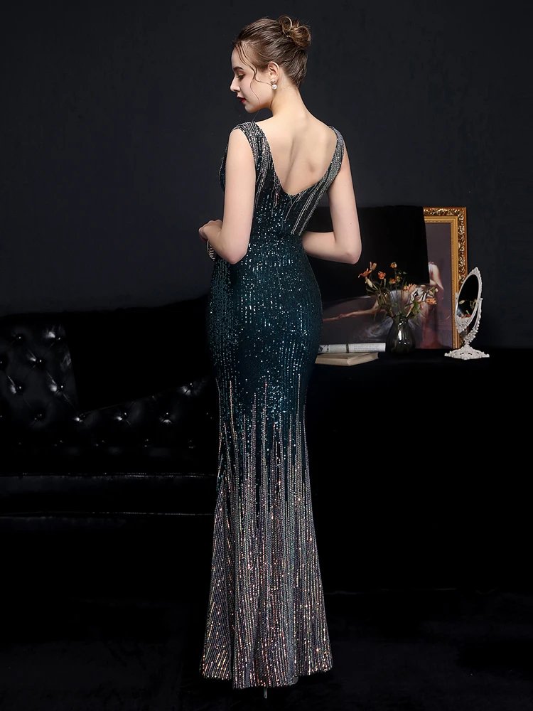 Victoria's Vogue V Neck Gold Sequin Evening Dress Women Elegant Party Maxi Dress Long Prom Dress 18589