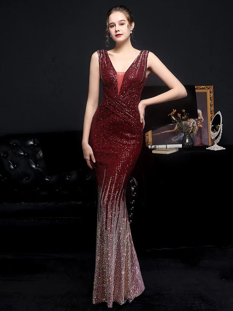 Victoria's Vogue V Neck Gold Sequin Evening Dress Women Elegant Party Maxi Dress Long Prom Dress 18589