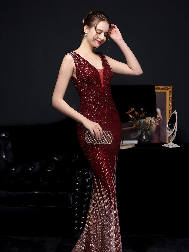 Victoria's Vogue V Neck Gold Sequin Evening Dress Women Elegant Party Maxi Dress Long Prom Dress 18589