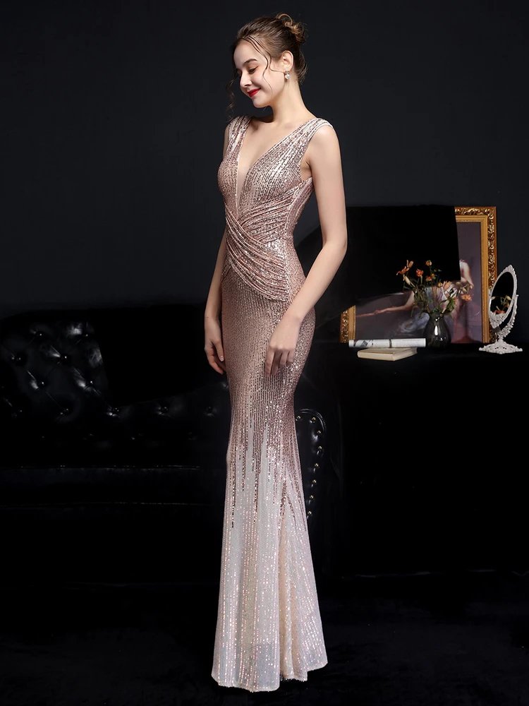 Victoria's Vogue V Neck Gold Sequin Evening Dress Women Elegant Party Maxi Dress Long Prom Dress 18589