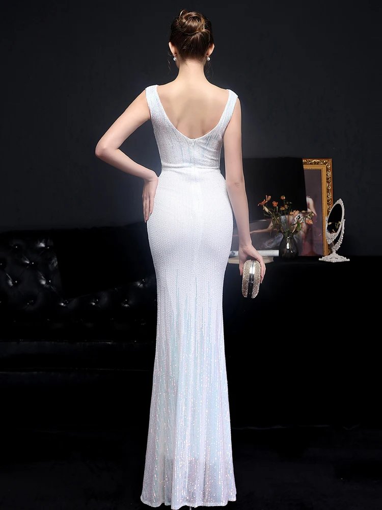 Victoria's Vogue V Neck Gold Sequin Evening Dress Women Elegant Party Maxi Dress Long Prom Dress 18589