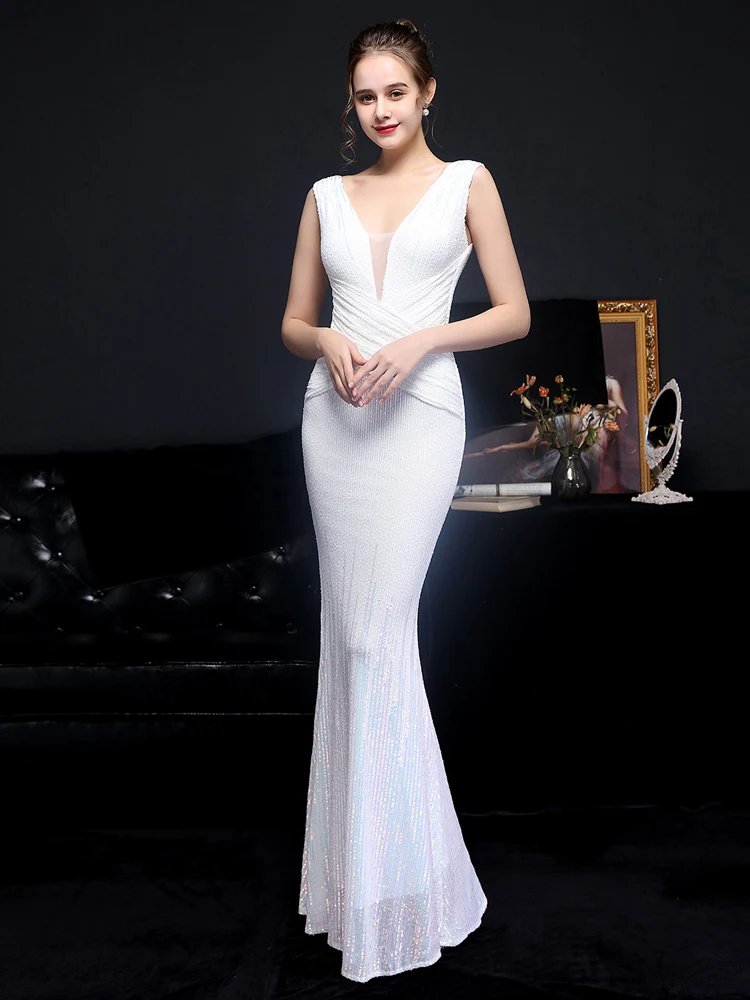 Victoria's Vogue V Neck Gold Sequin Evening Dress Women Elegant Party Maxi Dress Long Prom Dress 18589