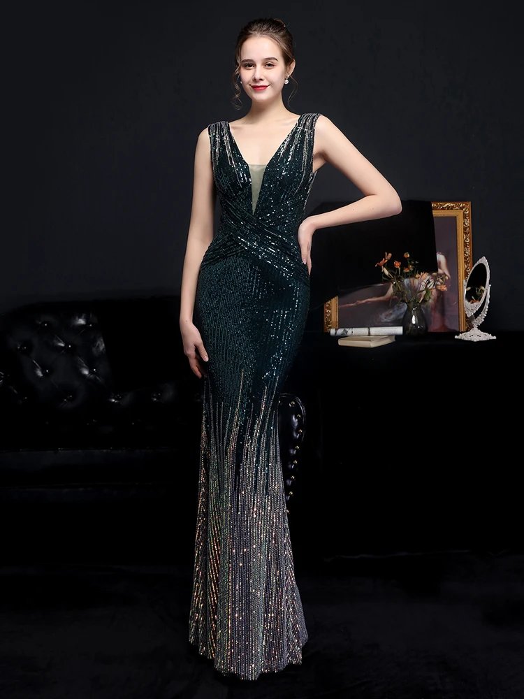 Victoria's Vogue V Neck Gold Sequin Evening Dress Women Elegant Party Maxi Dress Long Prom Dress 18589