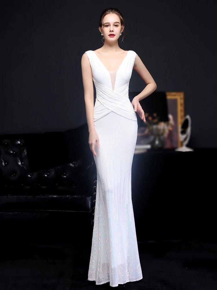 Victoria's Vogue V Neck Gold Sequin Evening Dress Women Elegant Party Maxi Dress Long Prom Dress 18589