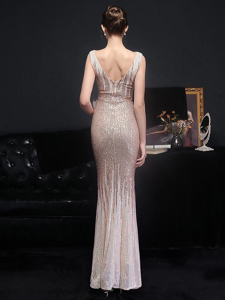 Victoria's Vogue V Neck Gold Sequin Evening Dress Women Elegant Party Maxi Dress Long Prom Dress 18589