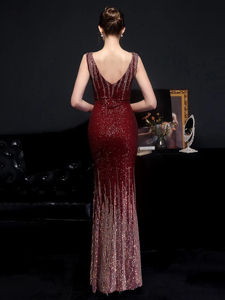 Victoria's Vogue V Neck Gold Sequin Evening Dress Women Elegant Party Maxi Dress Long Prom Dress 18589