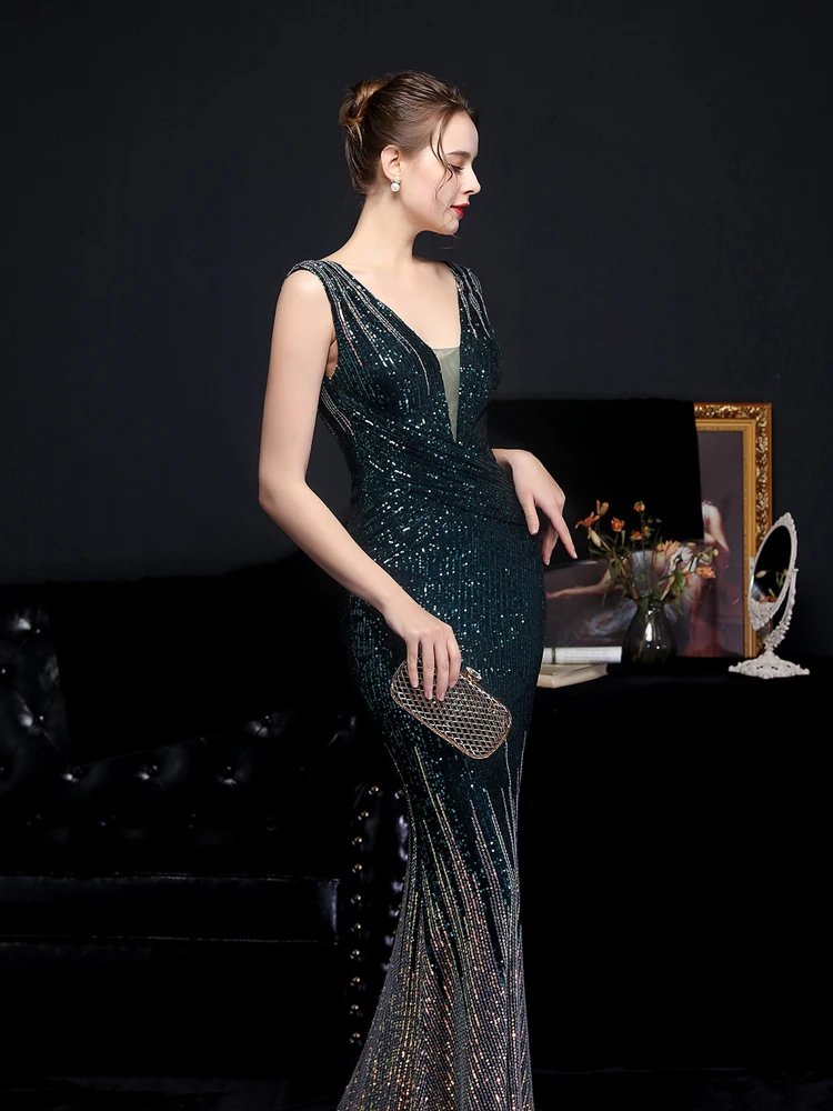 Victoria's Vogue V Neck Gold Sequin Evening Dress Women Elegant Party Maxi Dress Long Prom Dress 18589