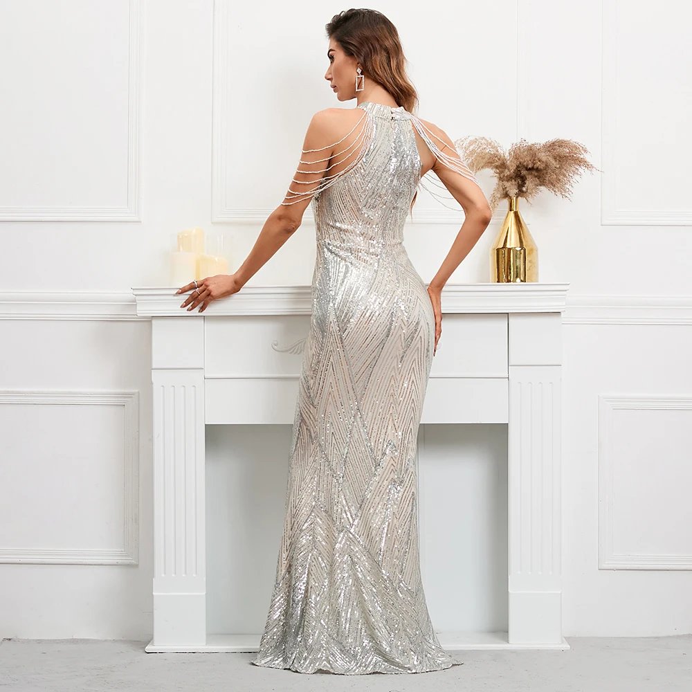Victoria's Vogue Elegant Off Shoulder Silver Sequin Evening Dress Women New Party Maxi Dress Long Prom Dress 18126