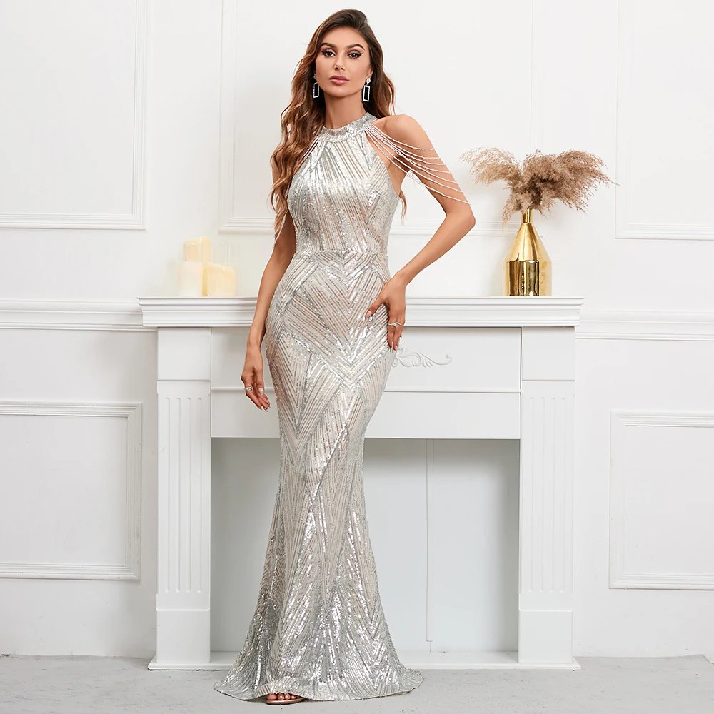 Victoria's Vogue Elegant Off Shoulder Silver Sequin Evening Dress Women New Party Maxi Dress Long Prom Dress 18126