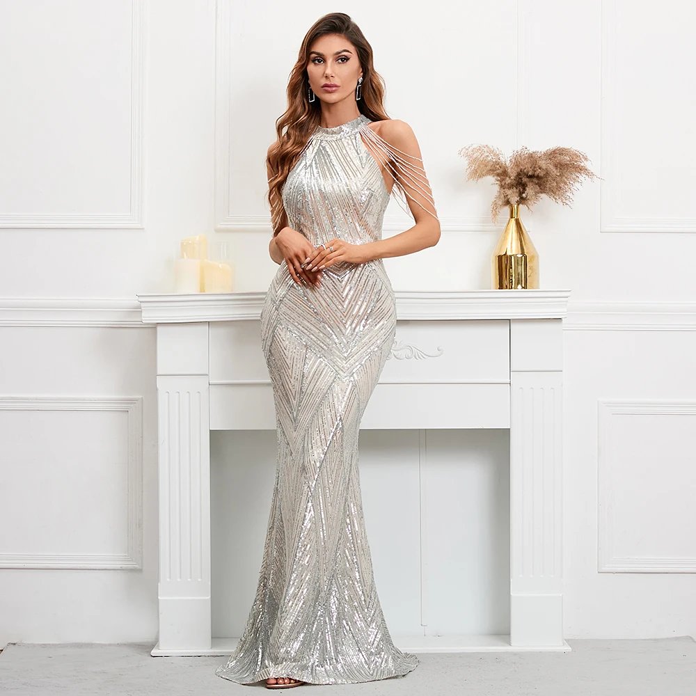 Victoria's Vogue Elegant Off Shoulder Silver Sequin Evening Dress Women New Party Maxi Dress Long Prom Dress 18126