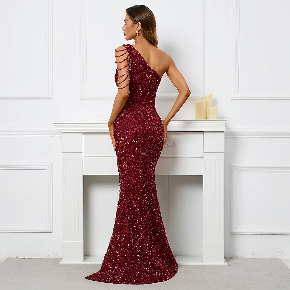 Victoria's Vogue  Sexy Slit Burgundy Sequin Dress Women One Shoulder Beading Long Evening Dress Party Maxi Dress