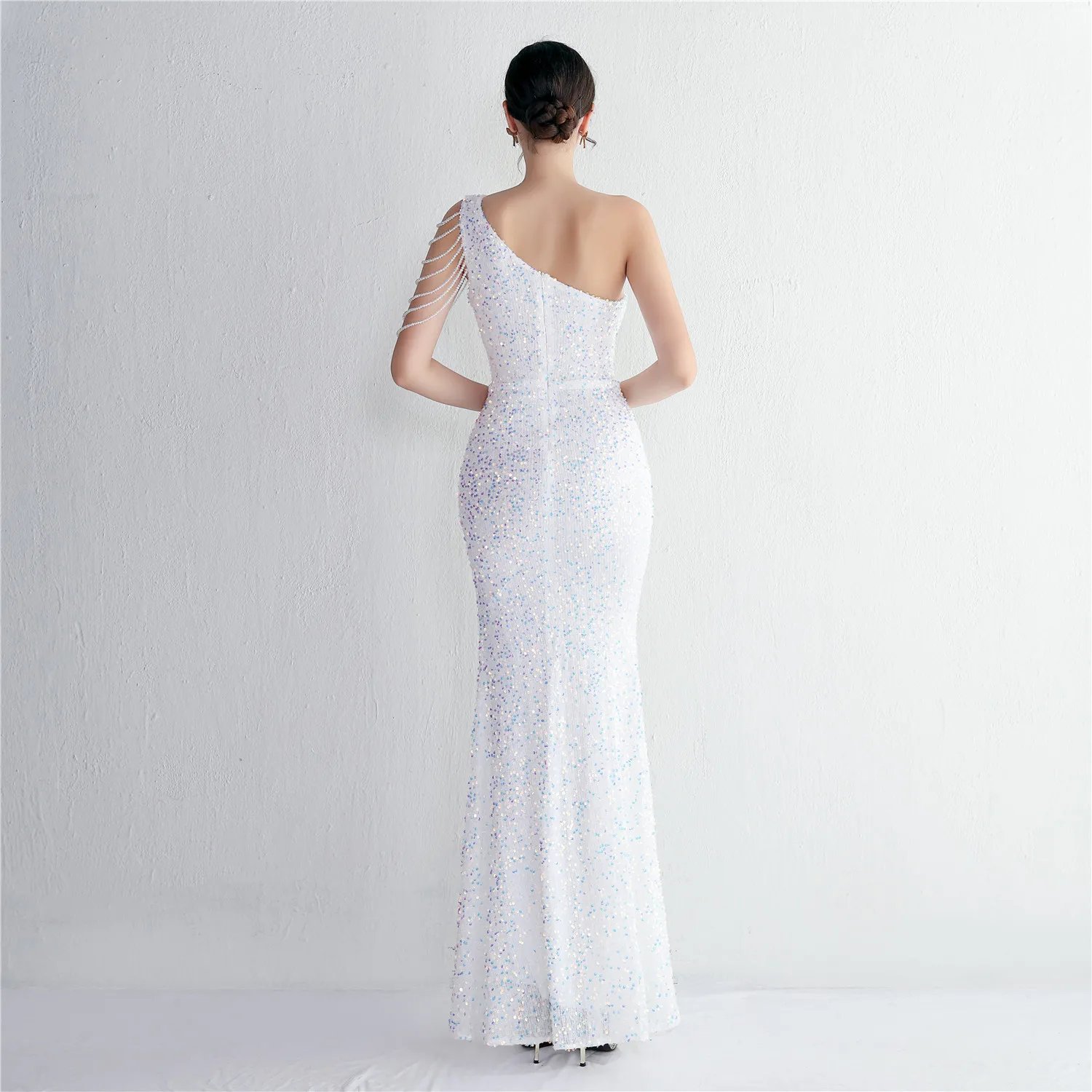 Victoria's Vogue  Sexy Slit Burgundy Sequin Dress Women One Shoulder Beading Long Evening Dress Party Maxi Dress