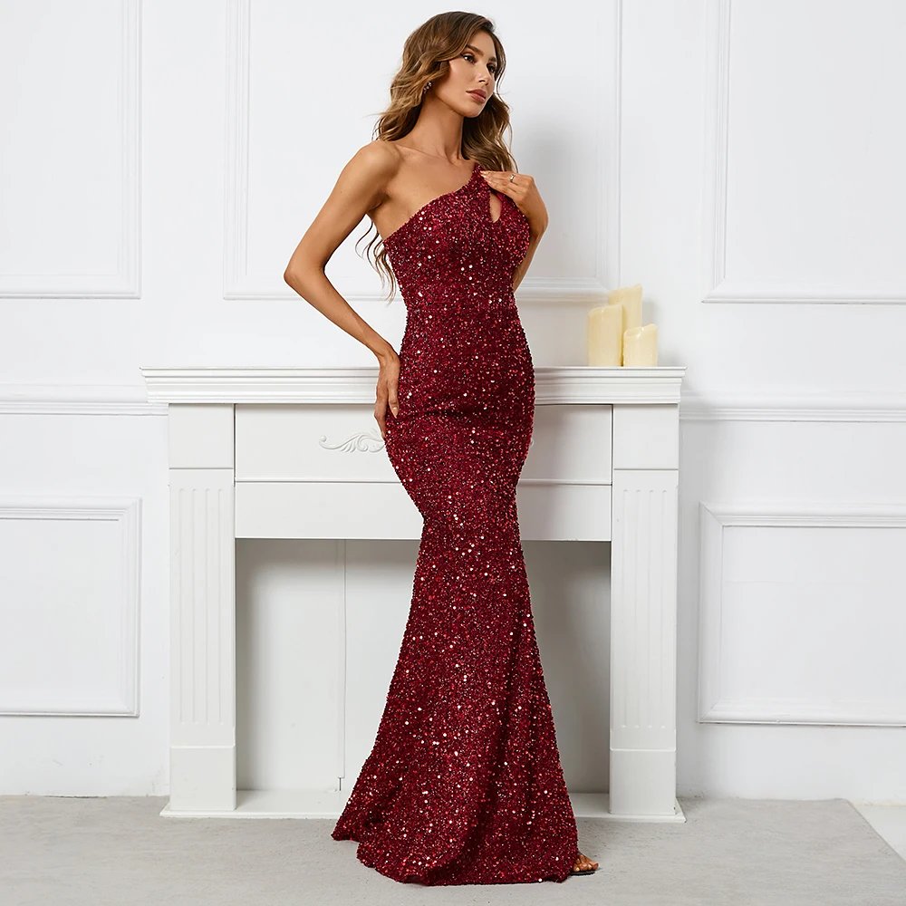 Victoria's Vogue  Sexy Slit Burgundy Sequin Dress Women One Shoulder Beading Long Evening Dress Party Maxi Dress
