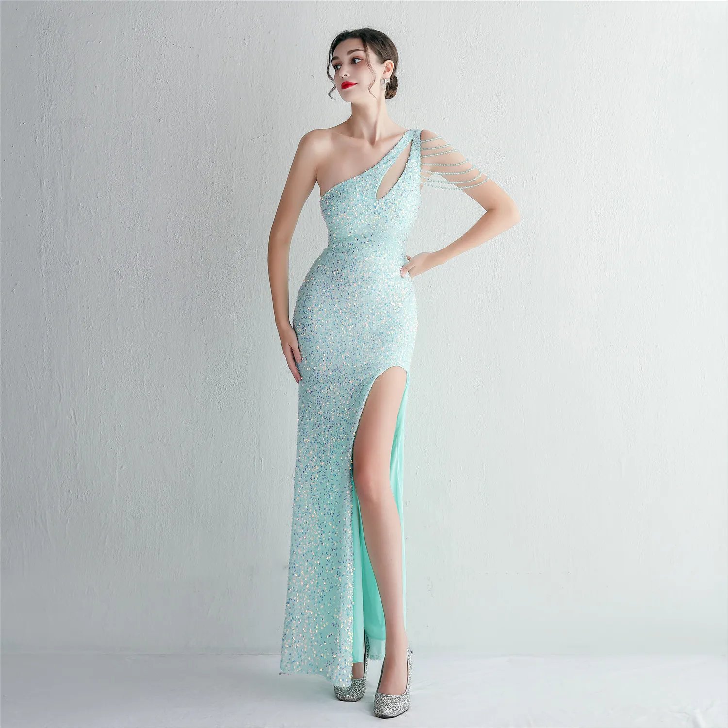 Victoria's Vogue  Sexy Slit Burgundy Sequin Dress Women One Shoulder Beading Long Evening Dress Party Maxi Dress