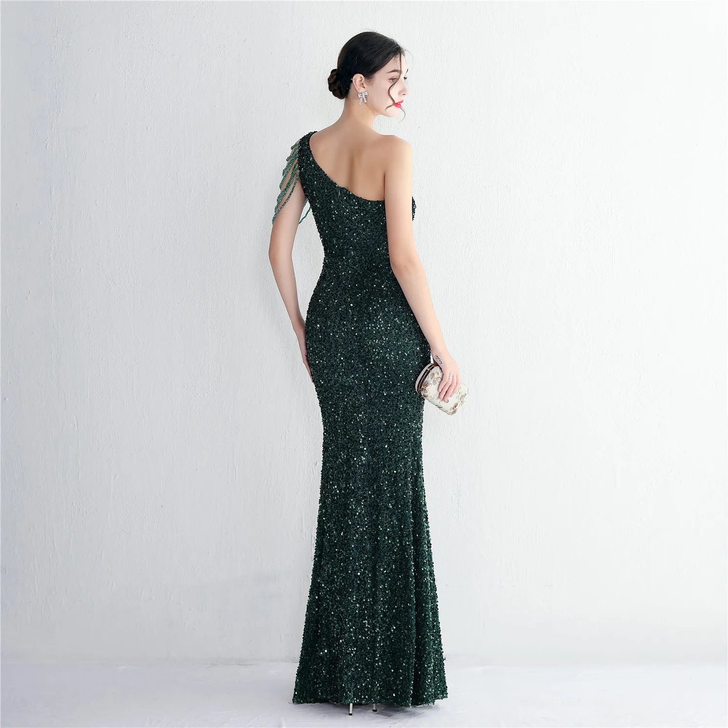Victoria's Vogue  Sexy Slit Burgundy Sequin Dress Women One Shoulder Beading Long Evening Dress Party Maxi Dress