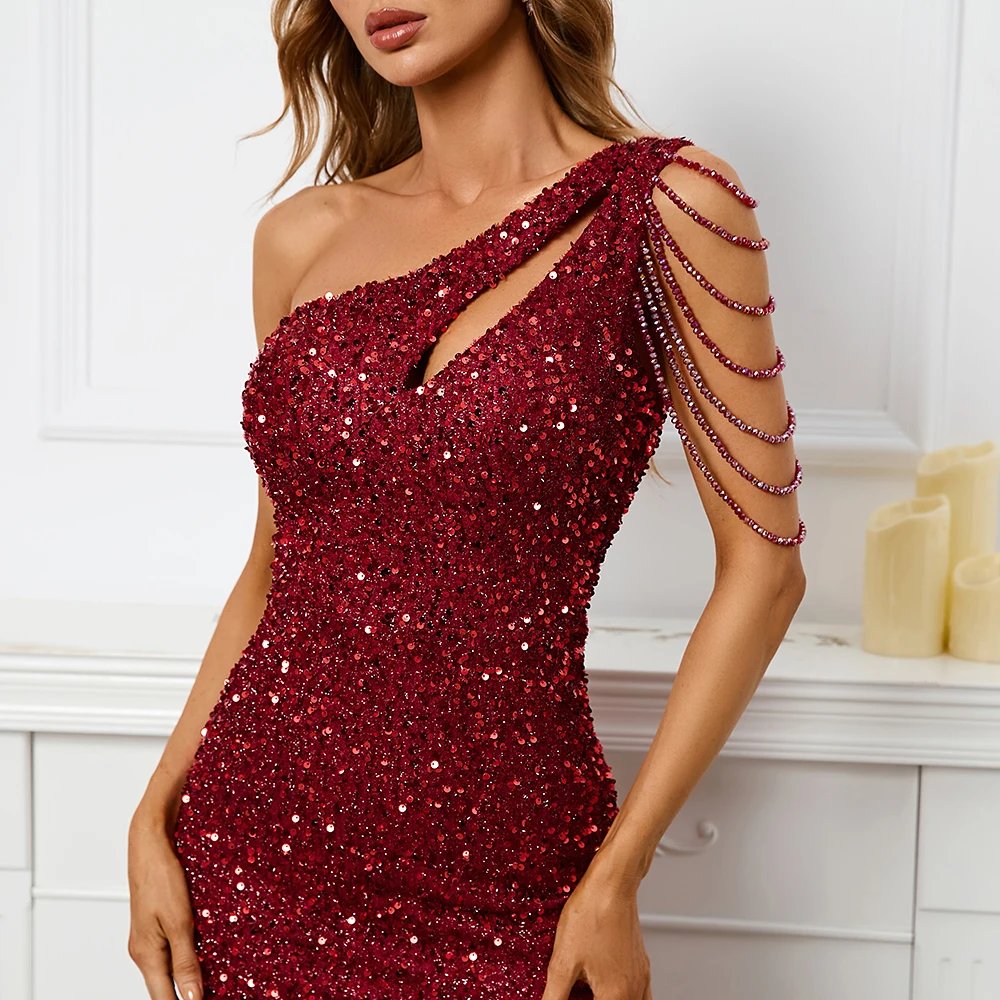 Victoria's Vogue  Sexy Slit Burgundy Sequin Dress Women One Shoulder Beading Long Evening Dress Party Maxi Dress