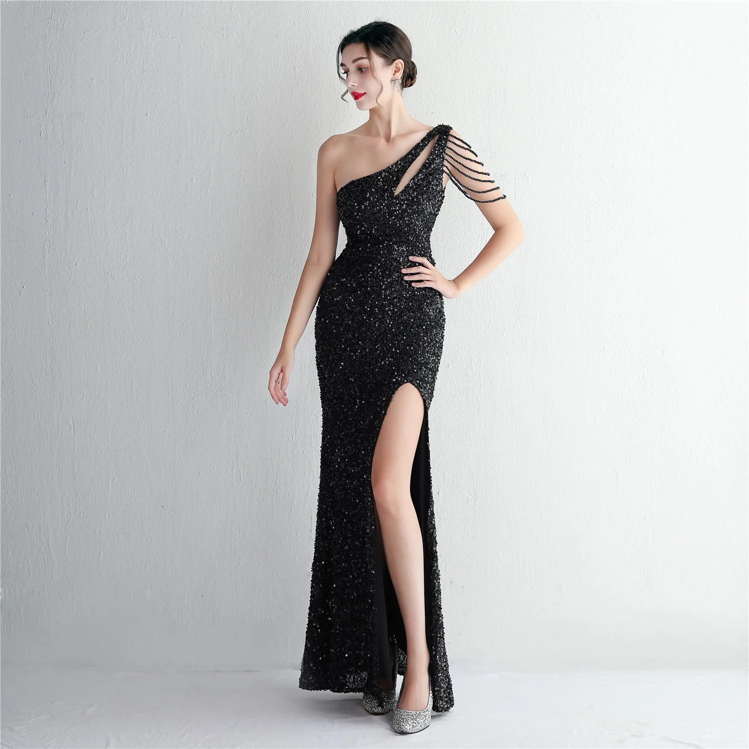 Victoria's Vogue  Sexy Slit Burgundy Sequin Dress Women One Shoulder Beading Long Evening Dress Party Maxi Dress