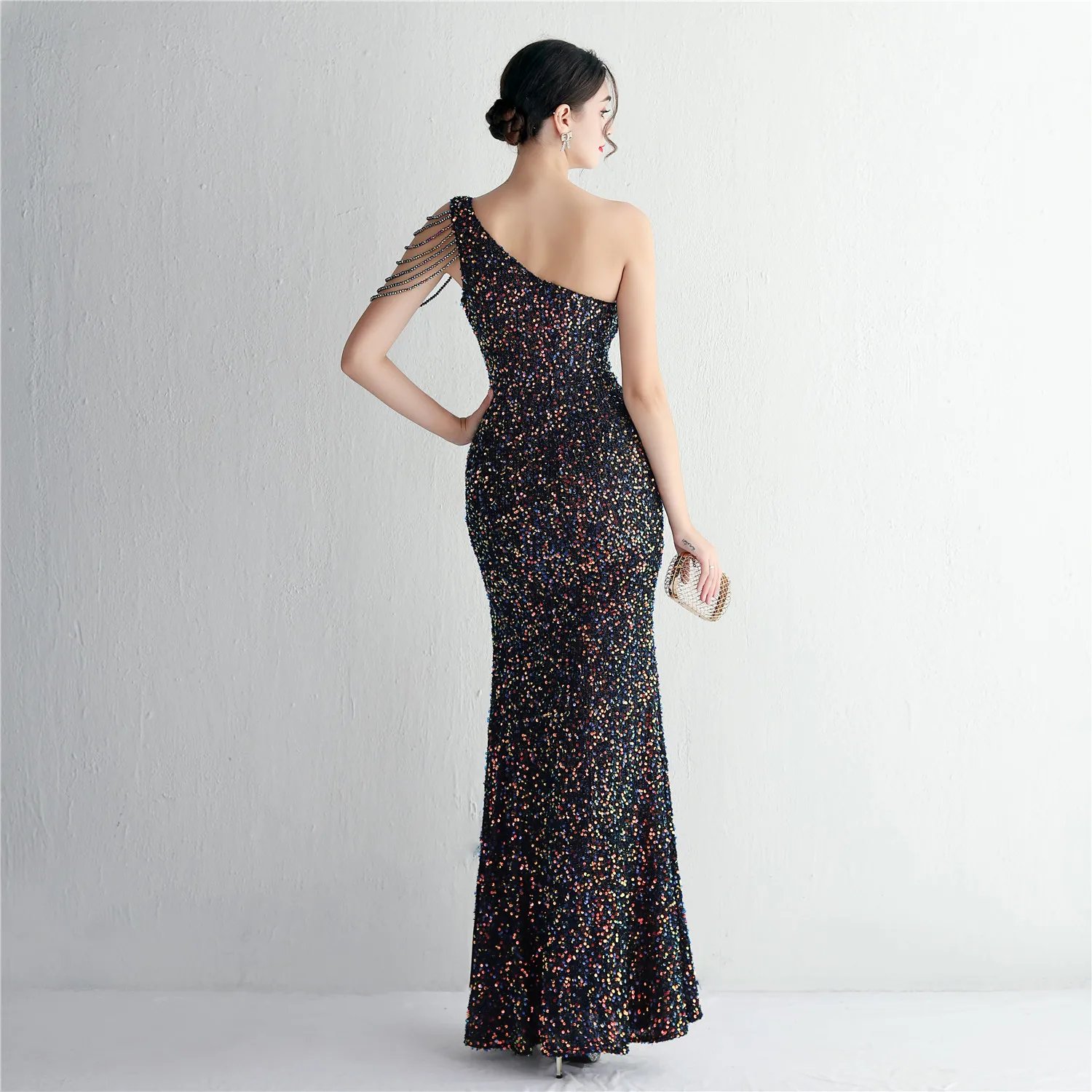 Victoria's Vogue  Sexy Slit Burgundy Sequin Dress Women One Shoulder Beading Long Evening Dress Party Maxi Dress
