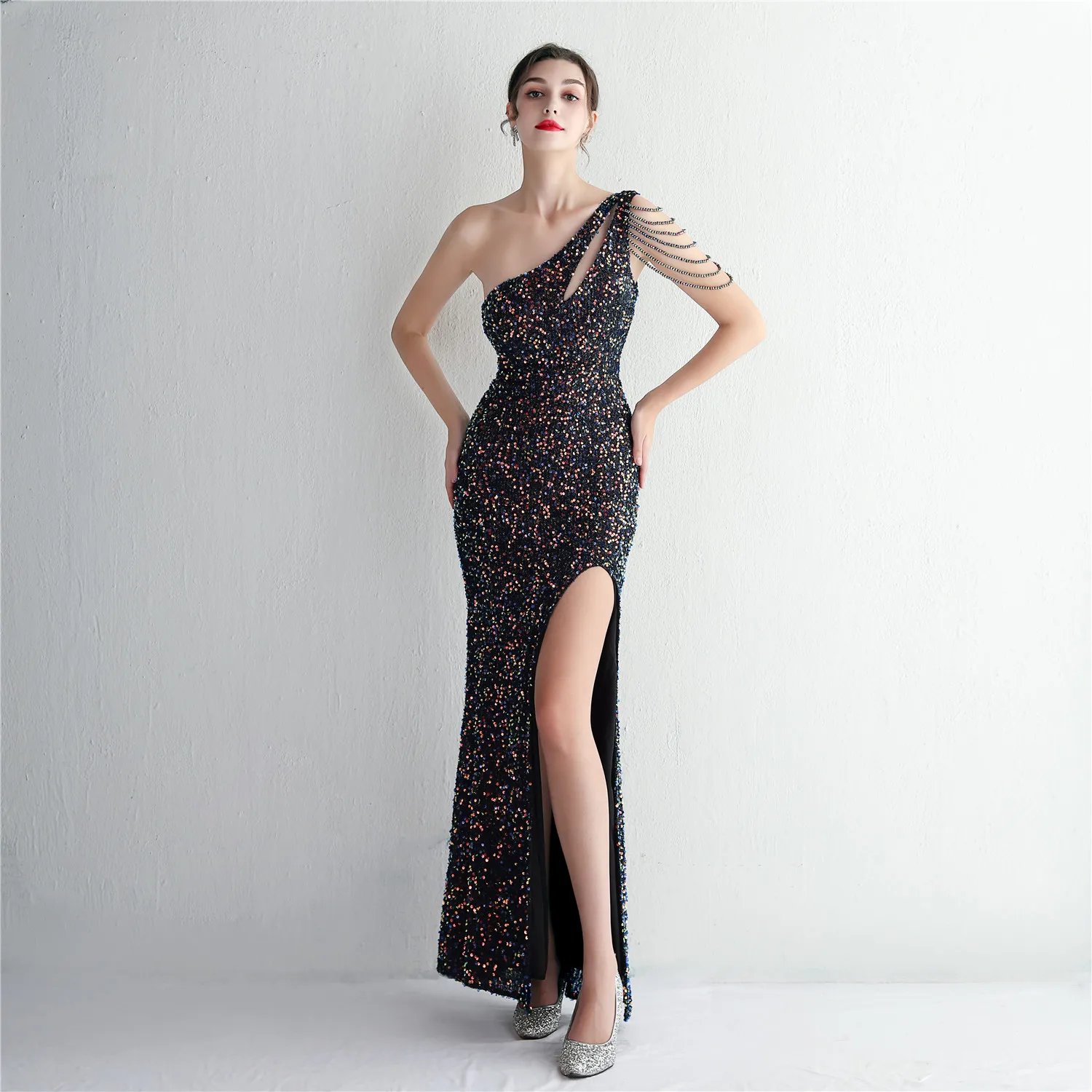 Victoria's Vogue  Sexy Slit Burgundy Sequin Dress Women One Shoulder Beading Long Evening Dress Party Maxi Dress