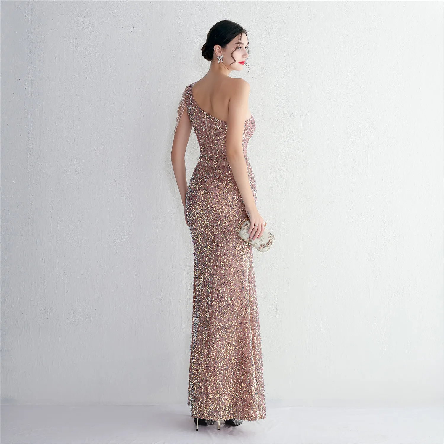 Victoria's Vogue  Sexy Slit Burgundy Sequin Dress Women One Shoulder Beading Long Evening Dress Party Maxi Dress