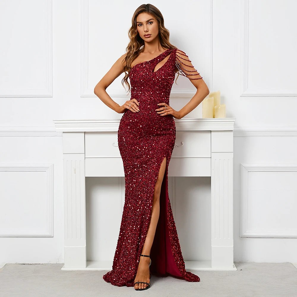 Victoria's Vogue  Sexy Slit Burgundy Sequin Dress Women One Shoulder Beading Long Evening Dress Party Maxi Dress