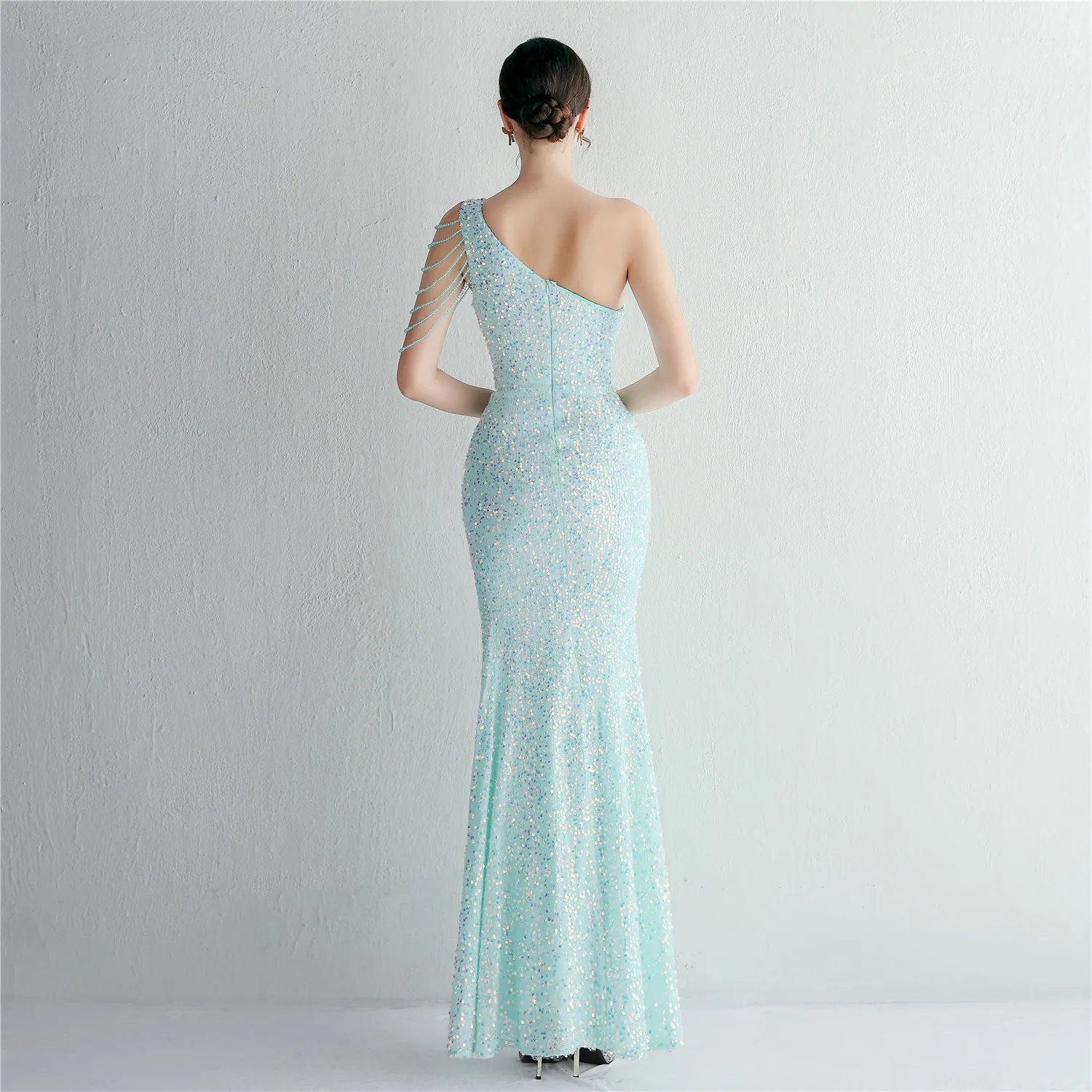 Victoria's Vogue  Sexy Slit Burgundy Sequin Dress Women One Shoulder Beading Long Evening Dress Party Maxi Dress