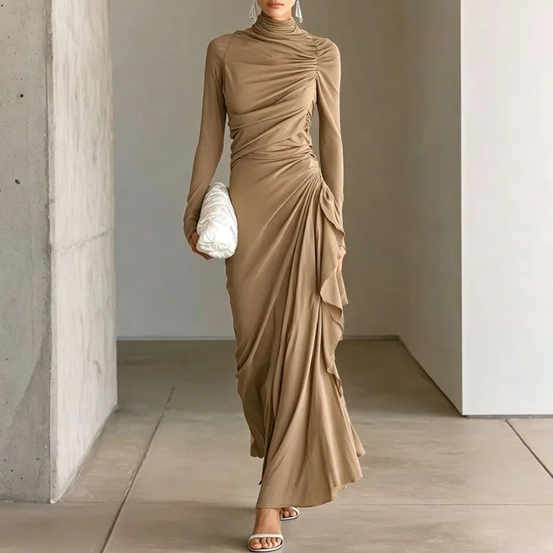 Victoria's Vogue Women Solid Turtleneck Maxi Dress Long Sleeve Ruched Draped Ruffle Bodycon Dress Elegant Evening Party Guest Formal Long Dresses