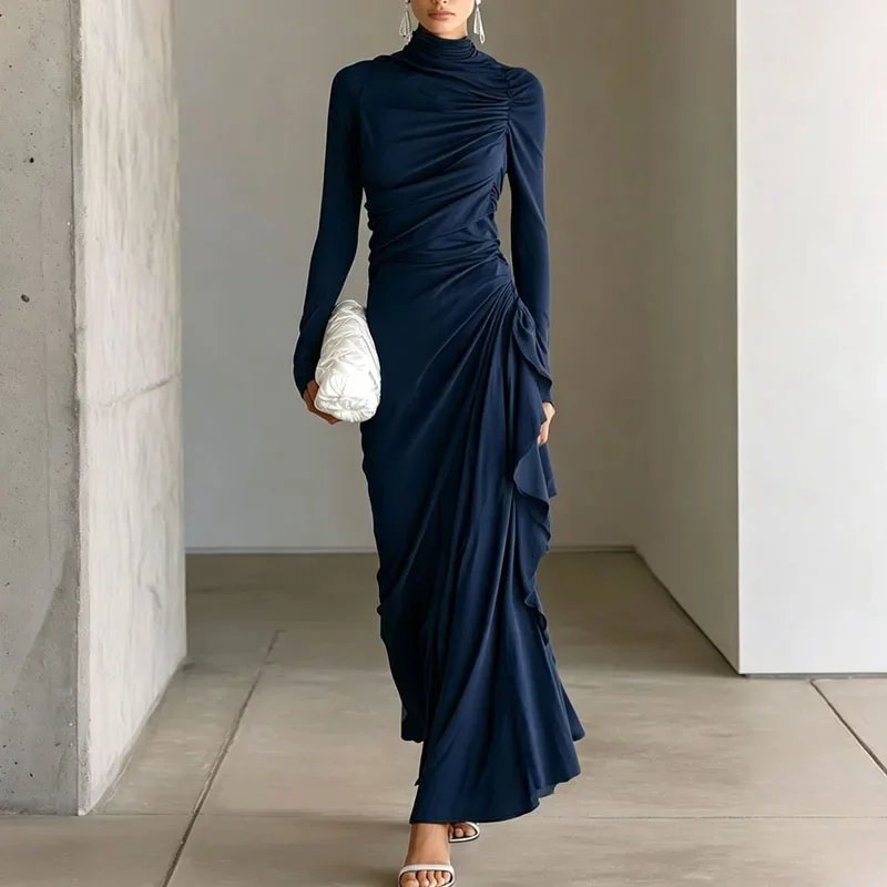 Victoria's Vogue Women Solid Turtleneck Maxi Dress Long Sleeve Ruched Draped Ruffle Bodycon Dress Elegant Evening Party Guest Formal Long Dresses