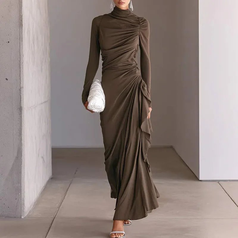 Victoria's Vogue Women Solid Turtleneck Maxi Dress Long Sleeve Ruched Draped Ruffle Bodycon Dress Elegant Evening Party Guest Formal Long Dresses