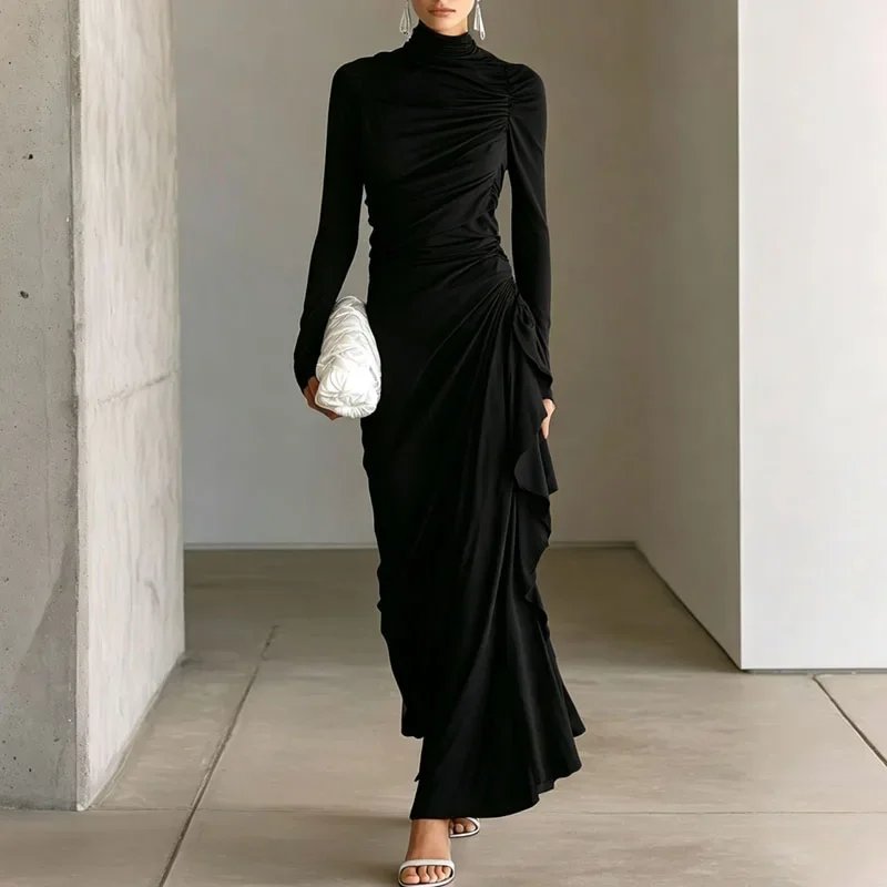Victoria's Vogue Women Solid Turtleneck Maxi Dress Long Sleeve Ruched Draped Ruffle Bodycon Dress Elegant Evening Party Guest Formal Long Dresses