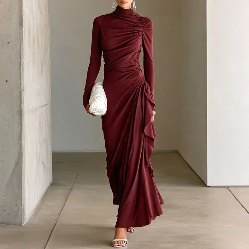 Victoria's Vogue Women Solid Turtleneck Maxi Dress Long Sleeve Ruched Draped Ruffle Bodycon Dress Elegant Evening Party Guest Formal Long Dresses