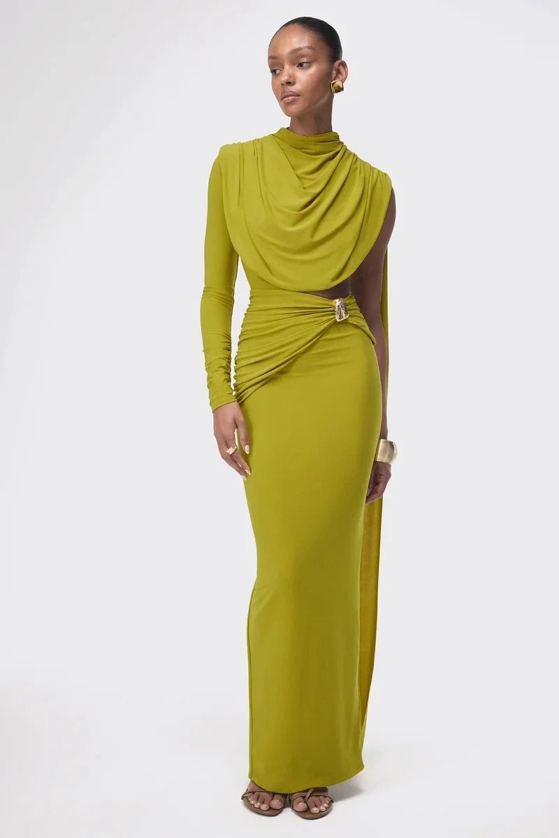 Victoria's Vogue Women Draped High Neck One Long Sleeve Cutout Waist Maxi Dress Slim Backless Mermaid Formal Evening Party Dress Victoria's Vogue Women Draped High Neck One Long Sleeve Cutout Waist Maxi Dress Slim Backless Mermaid Formal Evening Party Dress