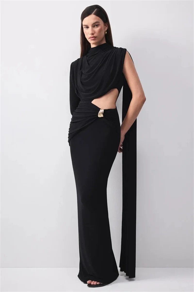Victoria's Vogue Women Draped High Neck One Long Sleeve Cutout Waist Maxi Dress Slim Backless Mermaid Formal Evening Party Dress Victoria's Vogue Women Draped High Neck One Long Sleeve Cutout Waist Maxi Dress Slim Backless Mermaid Formal Evening Party Dress