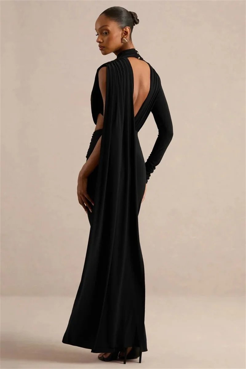 Victoria's Vogue Women Draped High Neck One Long Sleeve Cutout Waist Maxi Dress Slim Backless Mermaid Formal Evening Party Dress Victoria's Vogue Women Draped High Neck One Long Sleeve Cutout Waist Maxi Dress Slim Backless Mermaid Formal Evening Party Dress