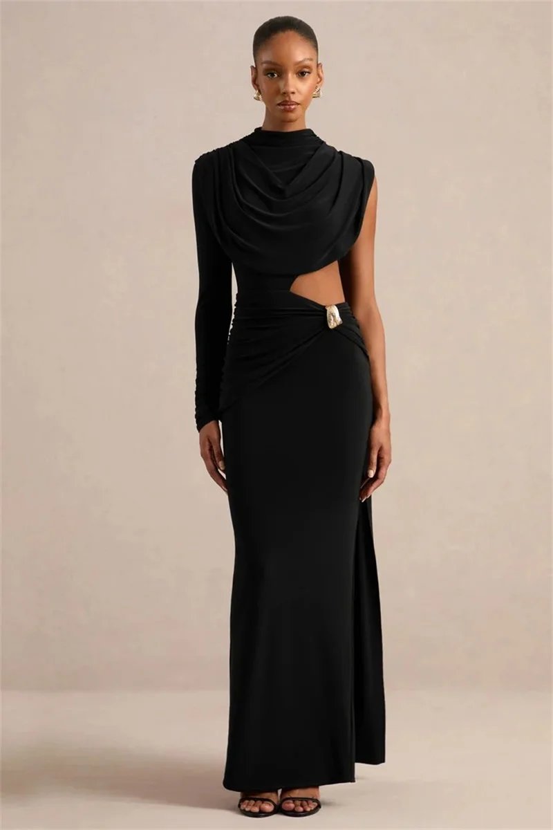 Victoria's Vogue Women Draped High Neck One Long Sleeve Cutout Waist Maxi Dress Slim Backless Mermaid Formal Evening Party Dress Victoria's Vogue Women Draped High Neck One Long Sleeve Cutout Waist Maxi Dress Slim Backless Mermaid Formal Evening Party Dress