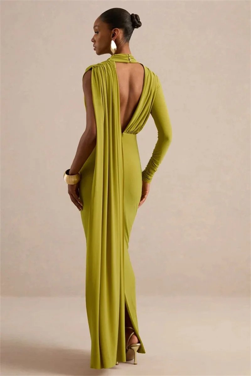 Victoria's Vogue Women Draped High Neck One Long Sleeve Cutout Waist Maxi Dress Slim Backless Mermaid Formal Evening Party Dress Victoria's Vogue Women Draped High Neck One Long Sleeve Cutout Waist Maxi Dress Slim Backless Mermaid Formal Evening Party Dress