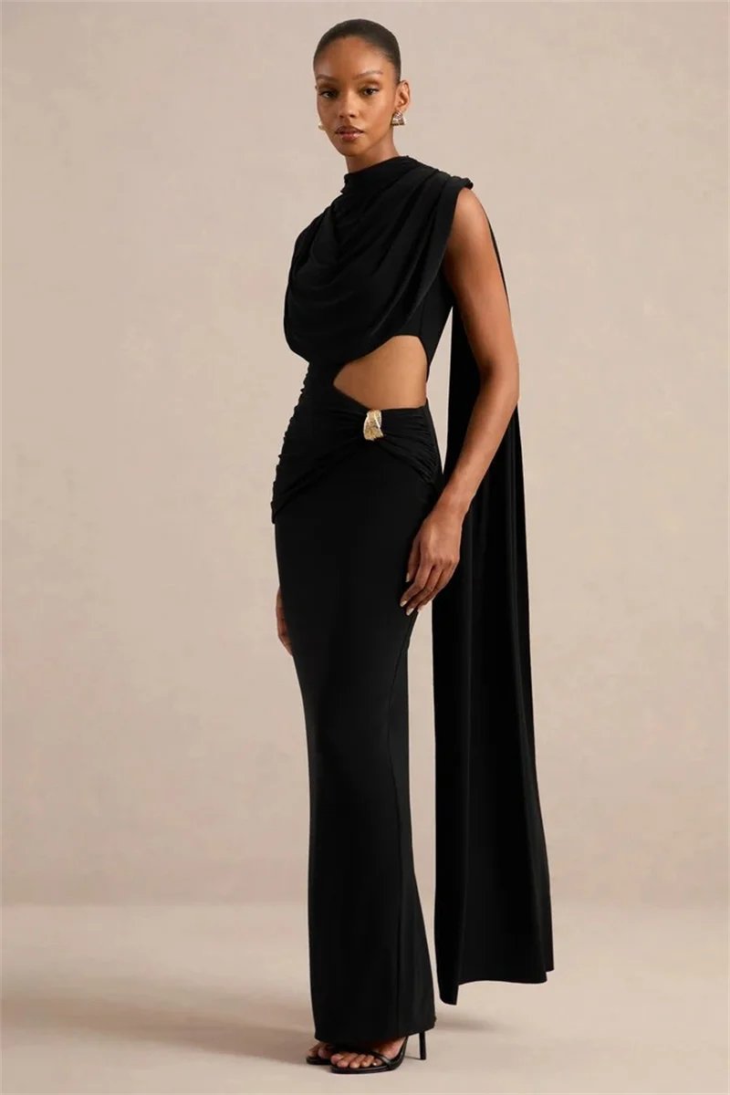 Victoria's Vogue Women Draped High Neck One Long Sleeve Cutout Waist Maxi Dress Slim Backless Mermaid Formal Evening Party Dress Victoria's Vogue Women Draped High Neck One Long Sleeve Cutout Waist Maxi Dress Slim Backless Mermaid Formal Evening Party Dress