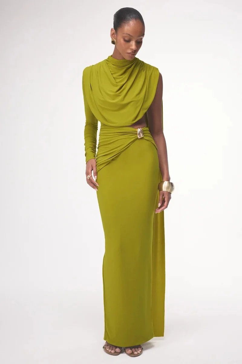 Victoria's Vogue Women Draped High Neck One Long Sleeve Cutout Waist Maxi Dress Slim Backless Mermaid Formal Evening Party Dress Victoria's Vogue Women Draped High Neck One Long Sleeve Cutout Waist Maxi Dress Slim Backless Mermaid Formal Evening Party Dress