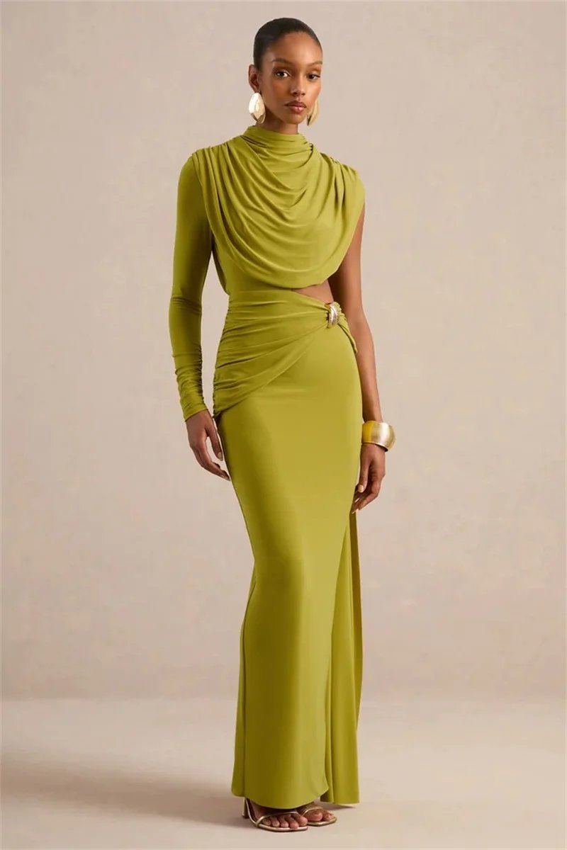 Victoria's Vogue Women Draped High Neck One Long Sleeve Cutout Waist Maxi Dress Slim Backless Mermaid Formal Evening Party Dress Victoria's Vogue Women Draped High Neck One Long Sleeve Cutout Waist Maxi Dress Slim Backless Mermaid Formal Evening Party Dress