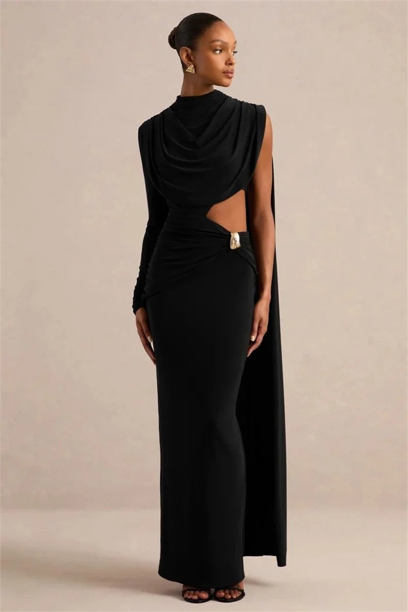 Victoria's Vogue Women Draped High Neck One Long Sleeve Cutout Waist Maxi Dress Slim Backless Mermaid Formal Evening Party Dress Victoria's Vogue Women Draped High Neck One Long Sleeve Cutout Waist Maxi Dress Slim Backless Mermaid Formal Evening Party Dress