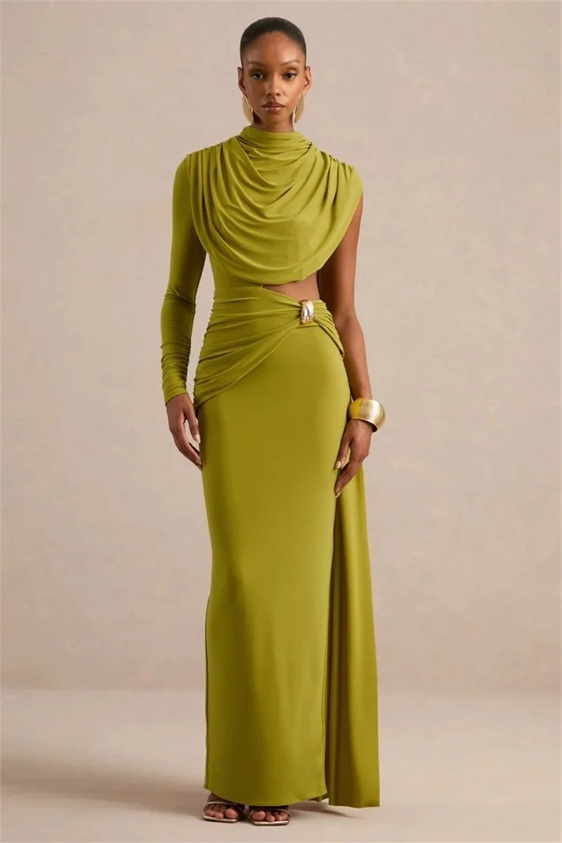 Victoria's Vogue Women Draped High Neck One Long Sleeve Cutout Waist Maxi Dress Slim Backless Mermaid Formal Evening Party Dress Victoria's Vogue Women Draped High Neck One Long Sleeve Cutout Waist Maxi Dress Slim Backless Mermaid Formal Evening Party Dress