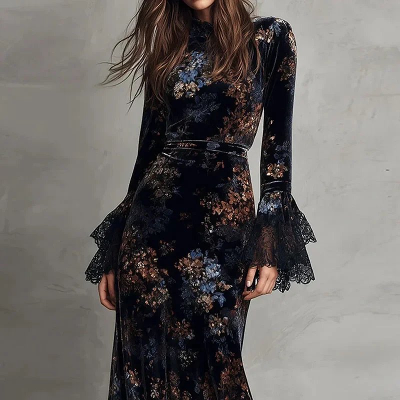 Victoria's Vogue Retro New Floral Print Velvet Long Dresses Woman Sexy O Neck High Waist Evening Dress Autumn Long Sleeve Spliced Lace Maxi Dress